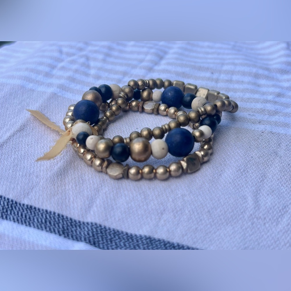 Artisan Boho Gold Tone Lapis Wood Beaded Stretch Bracelet Set Handcrafted - Picture 2 of 6